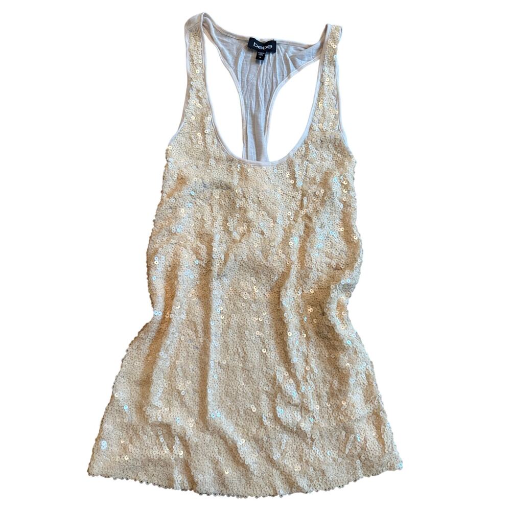 New Bebe Vintage Y2K Cream Full Sequins Scoop Neck Racerback Tank M